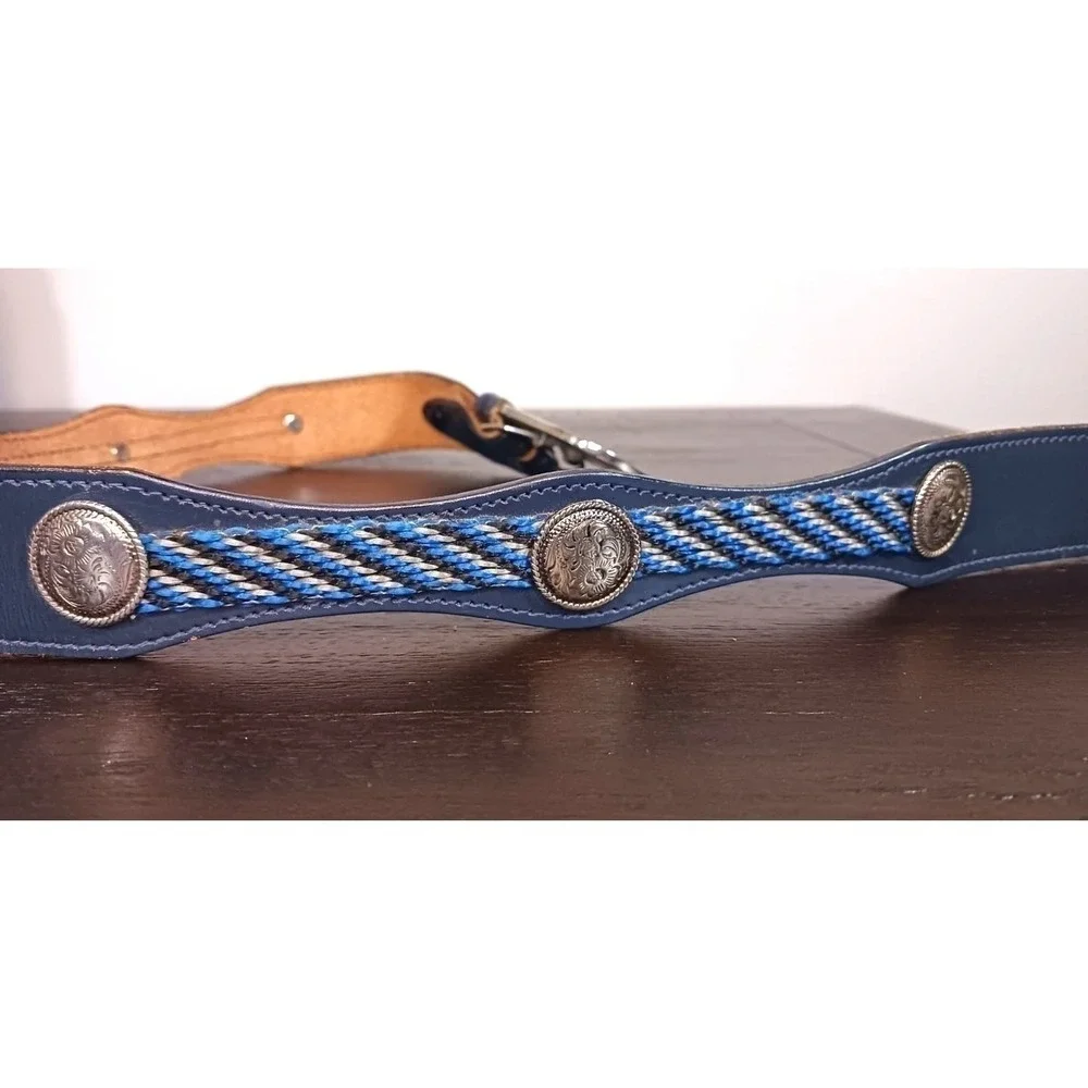 Moose Buckle Leather Belt Men's 34 Blue Western Made USA Novelty Hunting